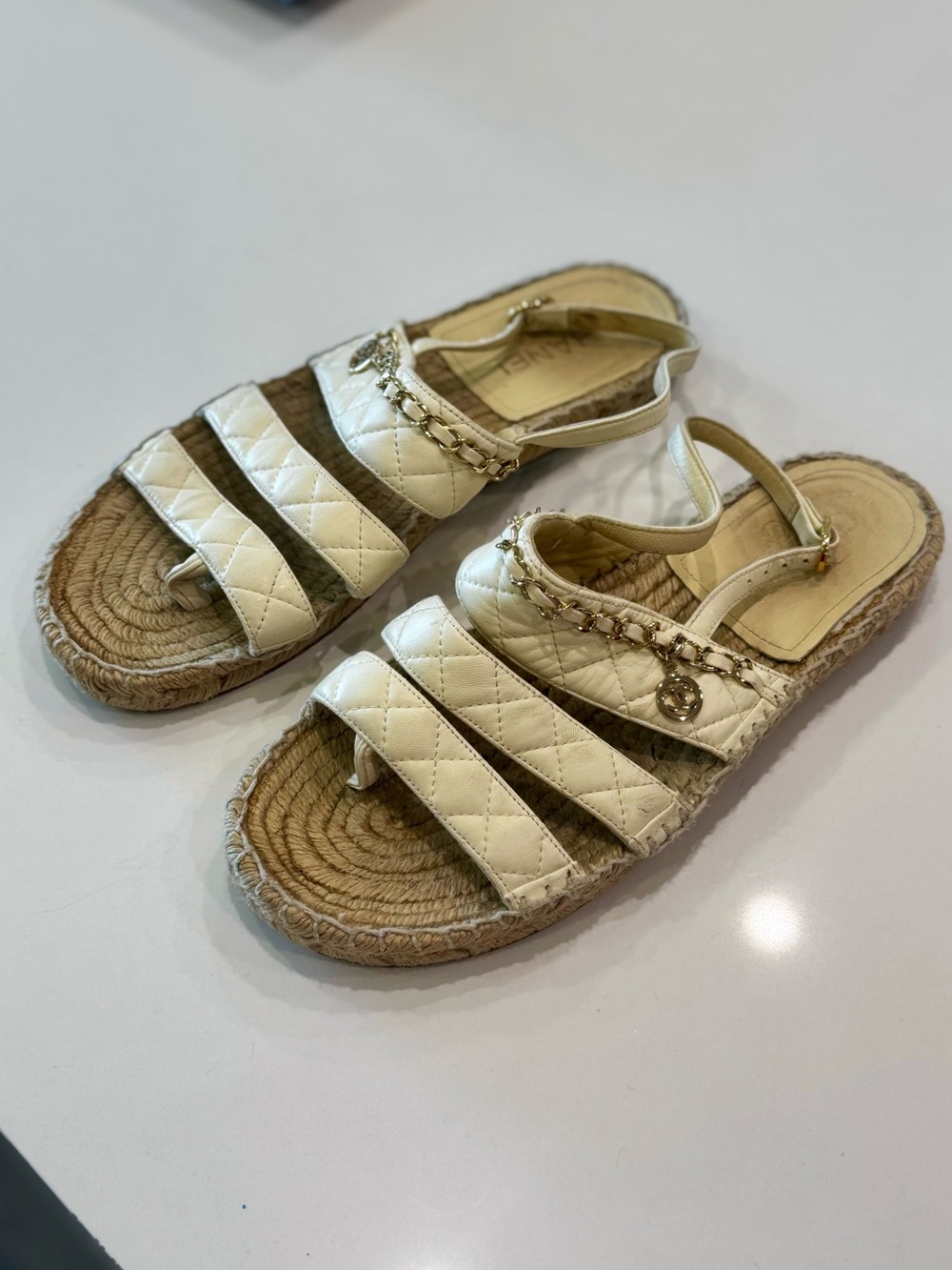 Chanel sandals. Cream with gold detailing.